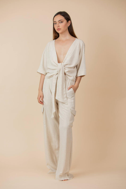 Pantalón Cargo Lino Crudo