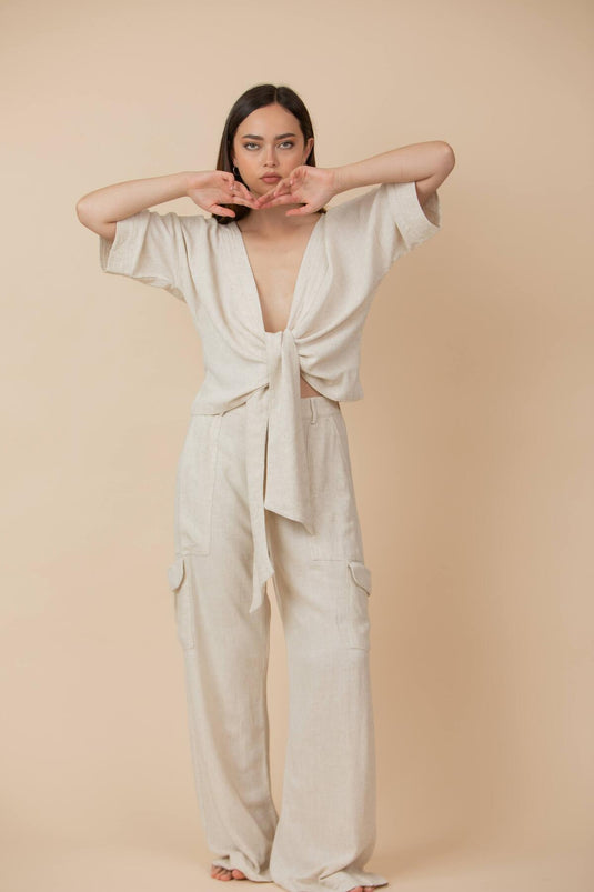 Pantalón Cargo Lino Crudo