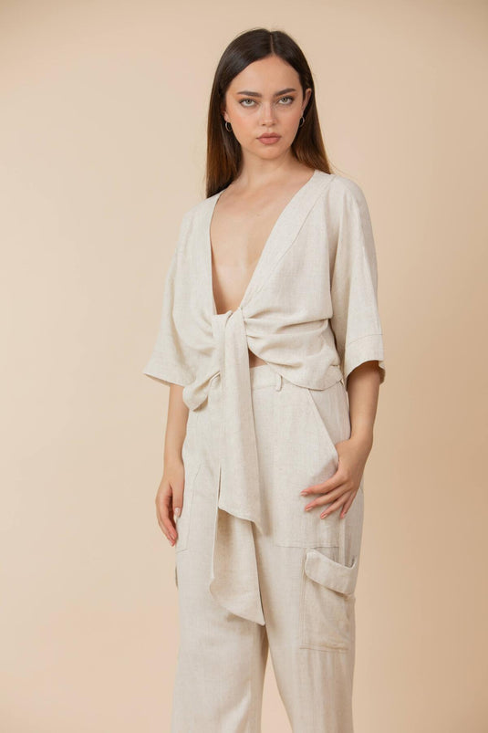 Pantalón Cargo Lino Crudo