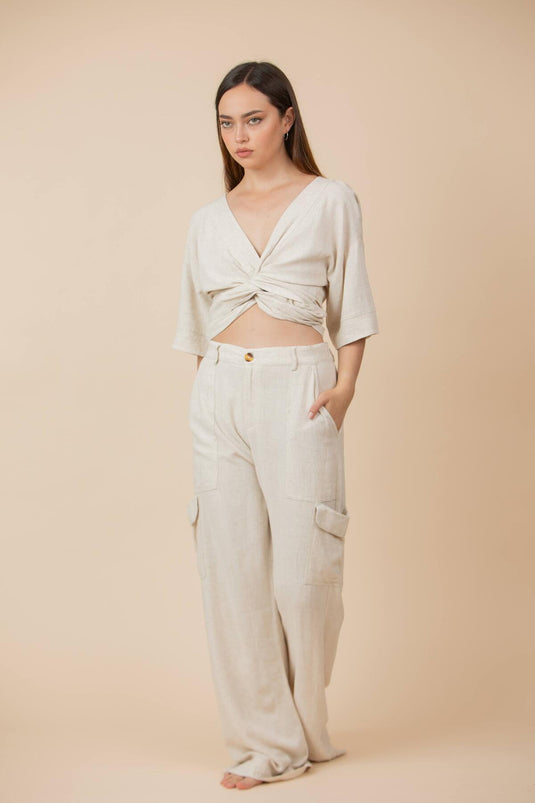 Pantalón Cargo Lino Crudo